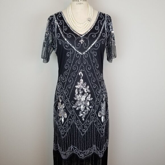 Classic 1920's Style Black Organza Beaded Flapper Style Dress NEW w/Tags Large - Picture 2 of 12